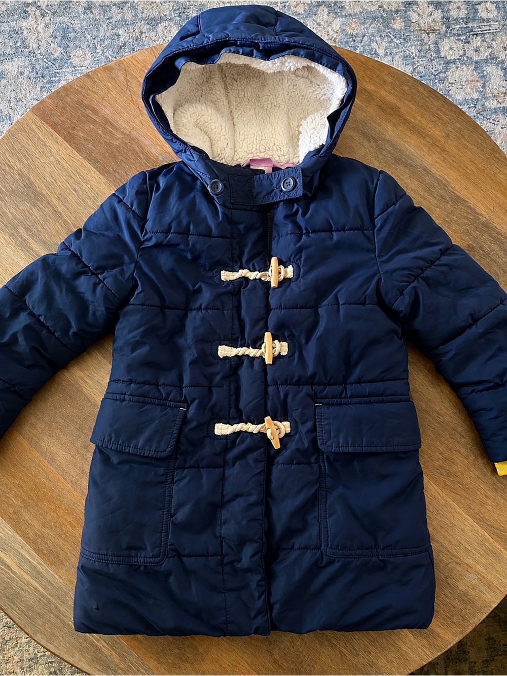 Boden Girls 5-6Y Navy Sherpa Lined Duffle Puffer Coat Hooded Toggle Jacket